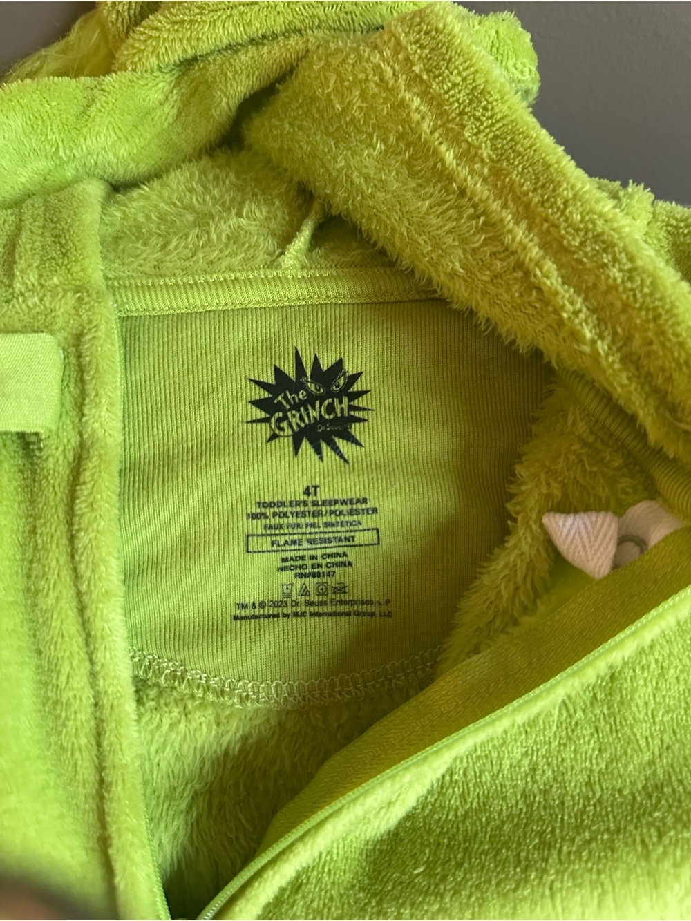 Kids Green Grinch Fleece One-Piece Hooded Pajamas - Picture 4 of 4